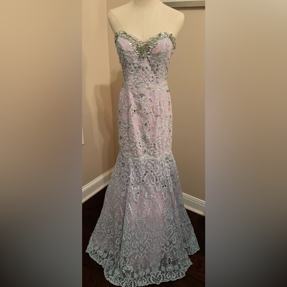 108 Rachel Allan Strapless Lavender Lace Gown